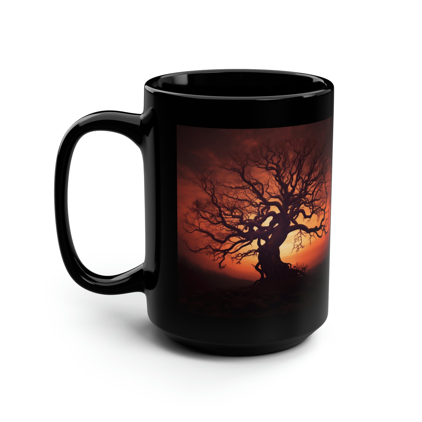 Spooky Tree Sunset - Black Mug, 15oz